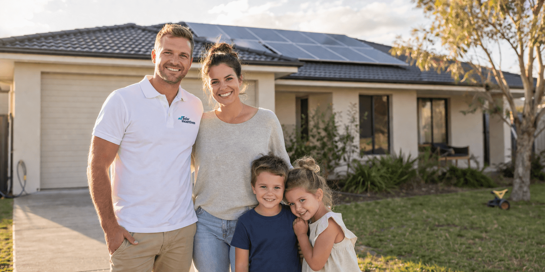 Australian family standing in front of their home with rooftop solar